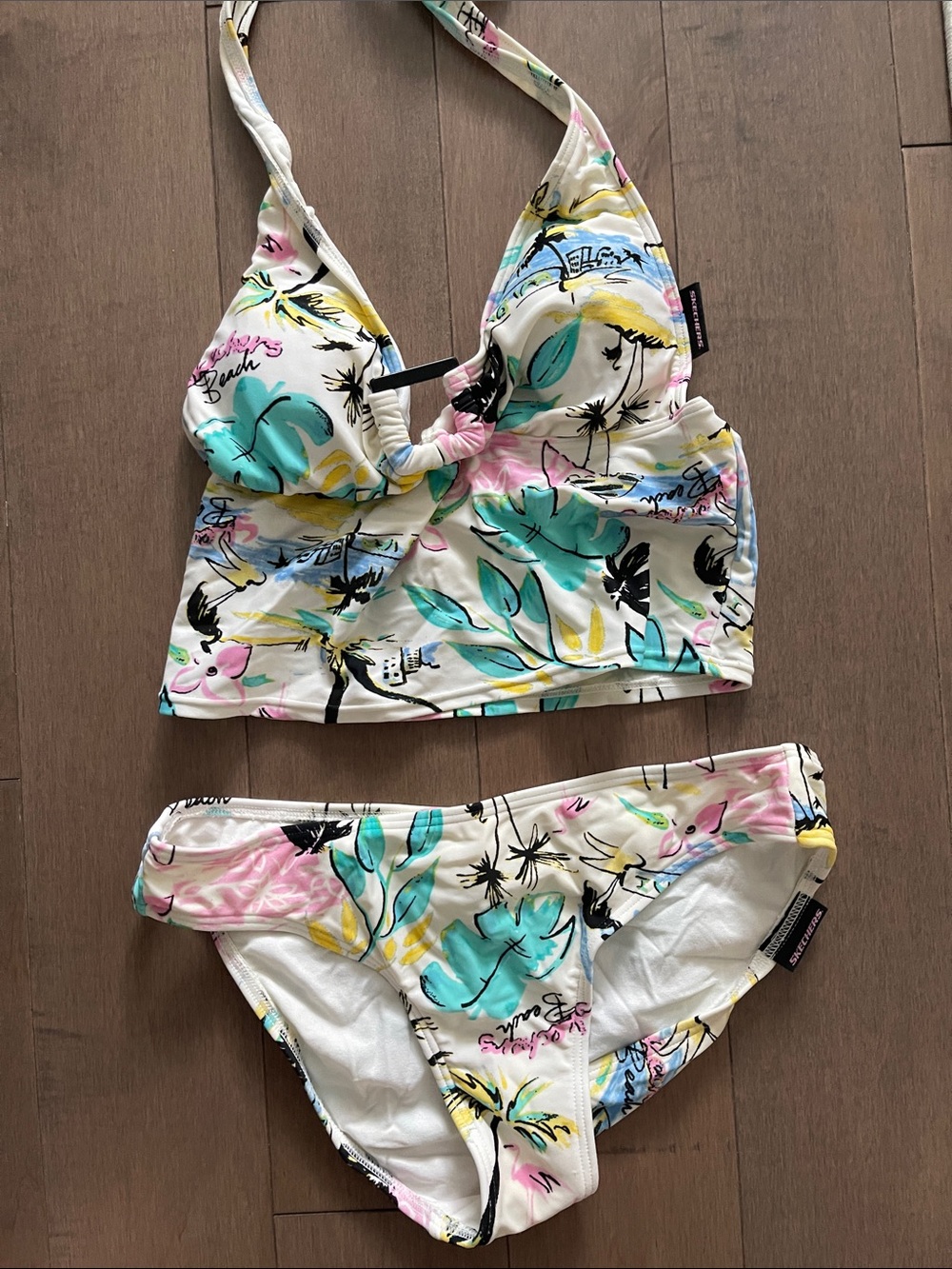 Skechers White Tropical Floral Two-Piece Bikini with Teal, Pink & Yellow Accents